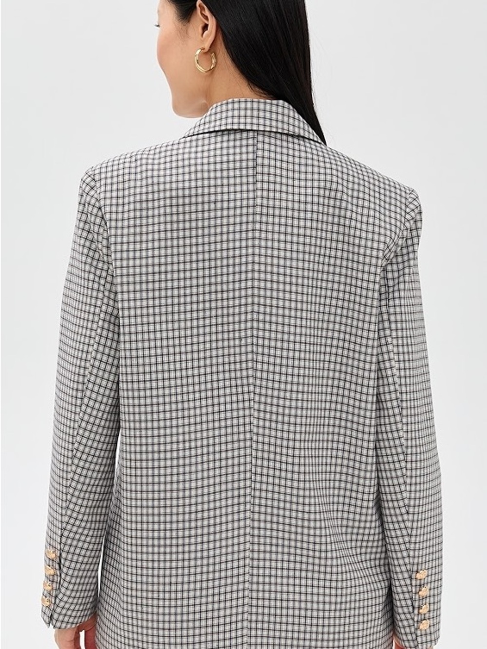 Plaid Double-Breasted Blazer Jacket - Gray/Brown/Blue - Picture 3 of 5